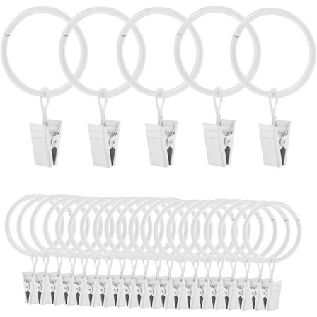 25 gardinringer med klips, hvite hengende ringer