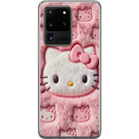 Kompatibelt Mobildeksel til Samsung Galaxy S20 Ultra Hello Kitty rosa fluffy bakgrunn med ikoniskt ansikt og kawaii-estetikk
