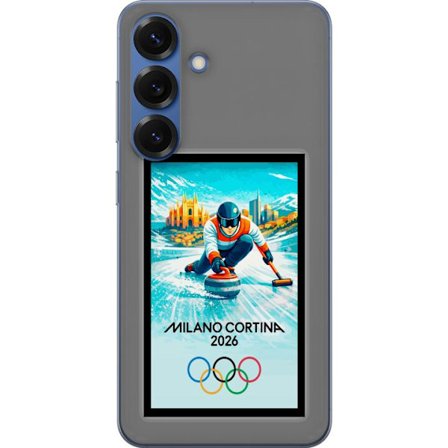 Yhteensopiva Puhelinkuori Samsung Galaxy S25+ Jääkiekkoilukuva, jossa pelaajat liikkuvat jäällä, Milano Cortina 2026, Milanin maamerkit ja olympialais