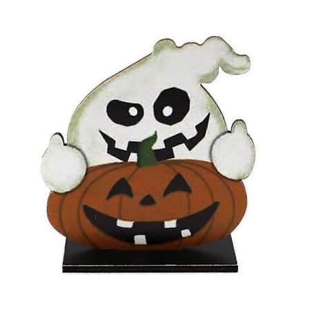 Tegneserie Smilende Gresskar Spøkelse Treskilt med Base Halloween Borddekorasjon Hylle Fest Skrivebord Topper Ornament