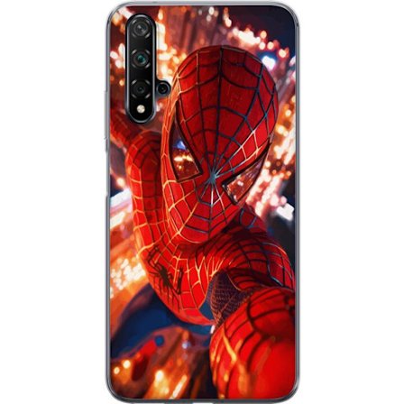 Kompatibelt Mobilskal till Huawei Huawei nova 5T Spider Man i intensiv action med gnistrande ljus och dynamiskt perspektiv i filmisk superhjältestil