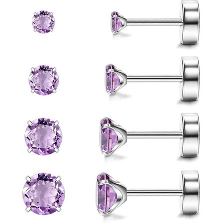 Hypoallergeniske flade øreringe til kvinder og mænd, 4 par implantat-titanium ørestikker med flad bagside til brusk, skrue bagpå ren titanium