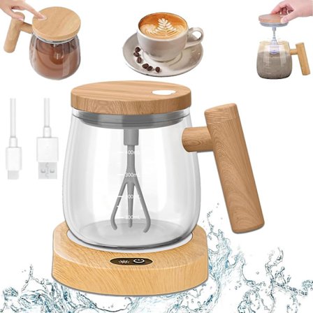 Elektrisk selvrørende krus med opvarmet base og låg - Højhastigheds glasmixer krus til kaffe, rejser og kontor - Vandtæt, aftagelig stilk