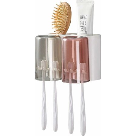 Vægmonteret elektrisk tandbørsteholder, par automatiske tandbørsteholdere med tandbørstepladser, skuffeopbevaring til kosmetik, ingen boring (2 kopper