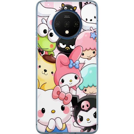 Kompatibelt Mobildeksel til OnePlus 7T Tett mønster av søte figurer med store øyne i ulike farger og uttrykk med LABUBU-tekst