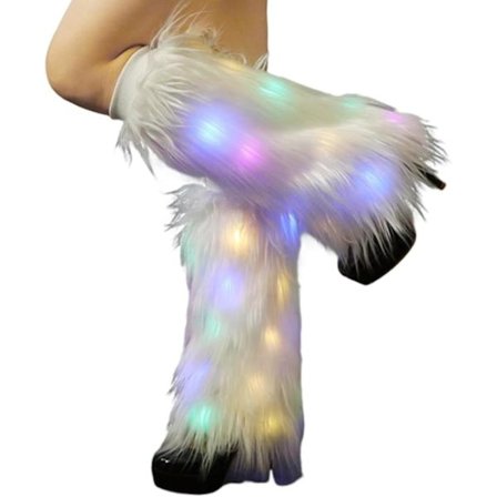 Vita, lysande vita fuskpälsbenvärmare för kvinnor - 70-/80-tals fluffiga LED-långstövelöverdrag, perfekta för karnevalsrave-kostymer, dansstrumpor