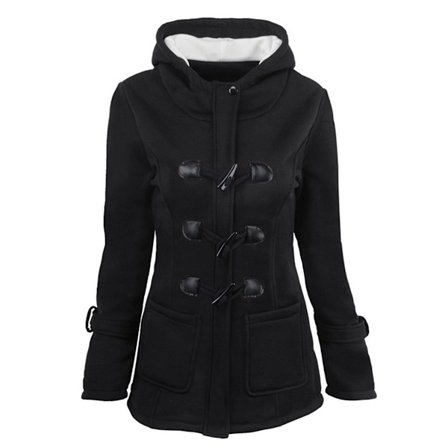 Naisten muotifleece-takki sarvipainikkeilla ja hupulla - Lämmin talvitakki musta