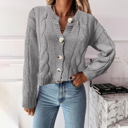 Damer Enfärgad Chunky Knit V-hals Ytterkläder Varma Cardigans