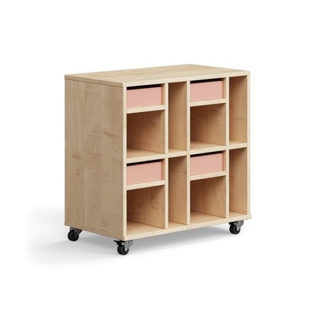 Elevförvaring CASPER, 4 lådor, 8 fack, hjul, björk, mörkrosa