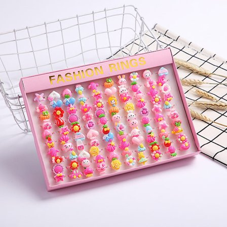100 stycken ringar för barn flickor ringar små flickor ringar set med rosa låda flickor ring barn flickor ringar barn flickor ringar justerbar ring 