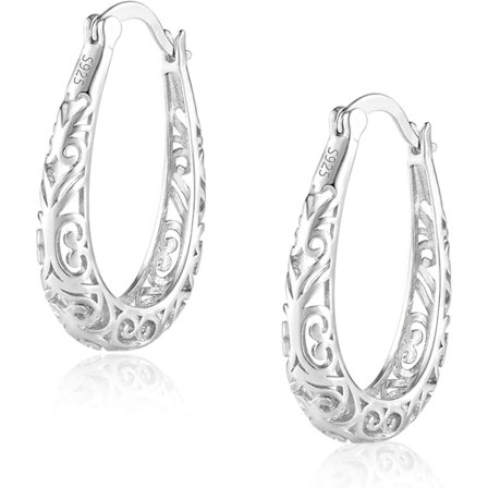925 Sterling Sølv Post Filigree Hoop Øredobber for Kvinner Hule Ovale Hoop Øredobber Hypoallergeniske U-formede Hoop Øredobber for Smykkegaver