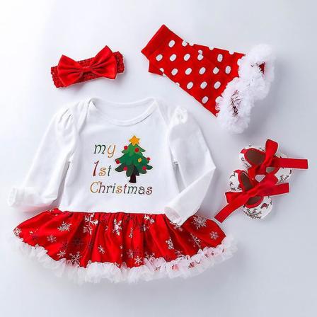 4 stk./sæt Nyfødt Baby Pige Julekjole Outfit Hårbånd Benvarmere Sko Sæt 0-3 Måneder Juletræ Christmas Tree S 0-3 Months