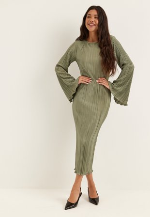 BUBBLEROOM - Pleated Frill Dress - Light khaki green