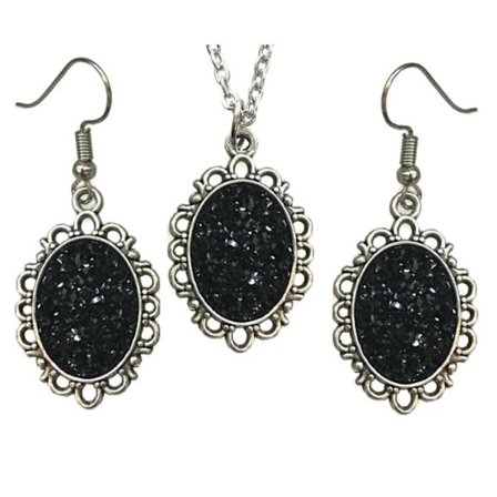 Necklace - Earrings - Set - Glitter - Druzy - Black