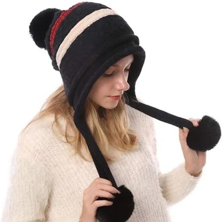 【PP】Strikket hue med pompon-øreklapper til vinter, dame Sort