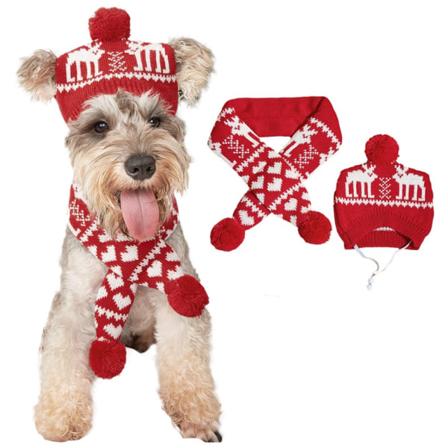 L Röd Jul Hund Julhatt, Husdjur Vinter Stickad Mössa med Söt Pompom, Varm Tygdräkt för M
