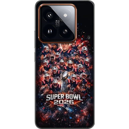 Yhteensopiva Puhelinkuori Xiaomi 14 Pro Super Bowl 2026 juliste, jossa New England Patriots ja NFL-mestaruuspalkinto räjähtävän urheilullisessa suunni