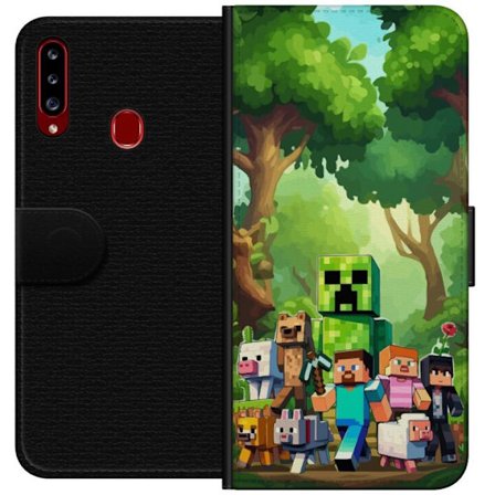 Kompatibel Tegnebogsetui til Samsung Galaxy A20s Klodset pixeleret spilverden med grønne figurer og dyr i frodig skovmiljø