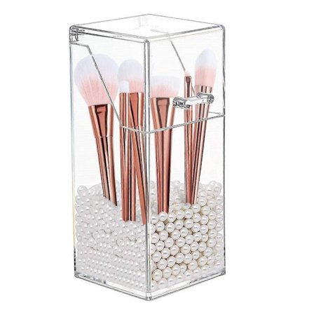 Sminkebørsteholder med lokk og perler, Klar Firkantet