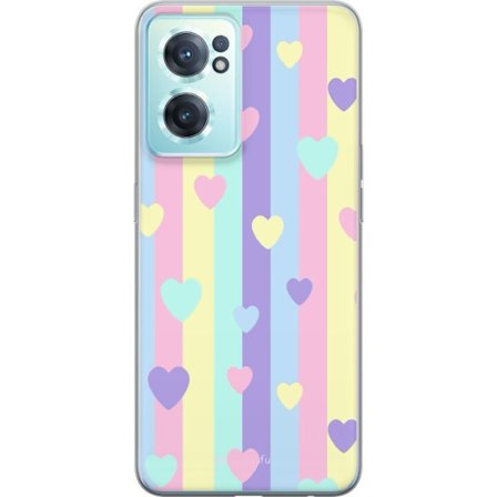 Kompatibelt Mobildeksel til OnePlus Nord CE 2 5G Pastellstriper i rosa, gul, lilla og blå med spredte hjerter i myk kawaii-stil.