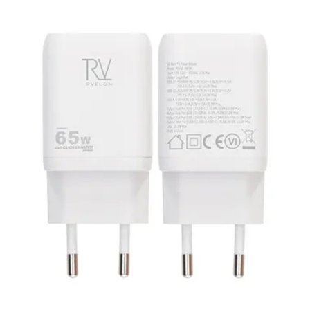 Rvelon Väggladdare 2x USB-C + USB-A 65W GaN - Vit