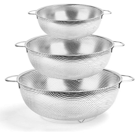 Dørslagssæt med 3, rustfrie dørslag med håndtag, metalsi perforeret si til køkkenpasta/frugt - tåler opvaskemaskine - (16/22/28 cm)