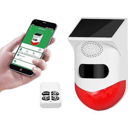 Solcellsdriven Stroboskoplarmslampa med Rörelsesensorsiren Utomhussiren med Fjärrkontroll