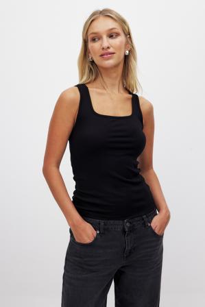 NA-KD Scoop Neck Ribbed Tank - Ärmlösa toppar - Svart - XS (EU 32)