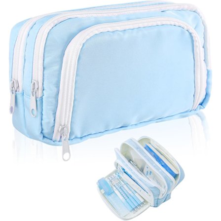 Penalhus, penalhus med stor kapacitet, penalhus med 3 rum, til papirvarer, makeup, til børn, studerende, blå