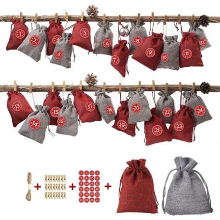 Adventskalender Tygväskor - Set om 1-24 med Nummerklistermärken för Smycken och Presenter