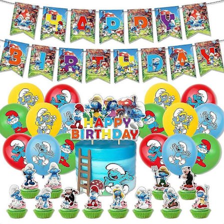 Smuffi-teemaisen syntymäpäiväjuhlan tarvikkeet - lippu, ilmapallot, kakun koristeet ja cupcake-koristeet (FMY)