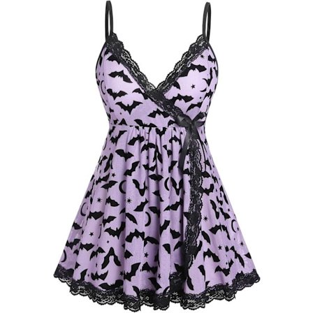 GAL Rosegal Plus Size Lingerie Chemise i Velour med Panel, Sløjfer og Voluminøs Kant Babydoll med G-streng Trusser Lilla 4XL Plus