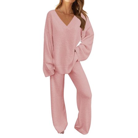 Dames 2-delt klessett, Fuzzy Fleece Pyjamassett Lange Ermer, Rosa S
