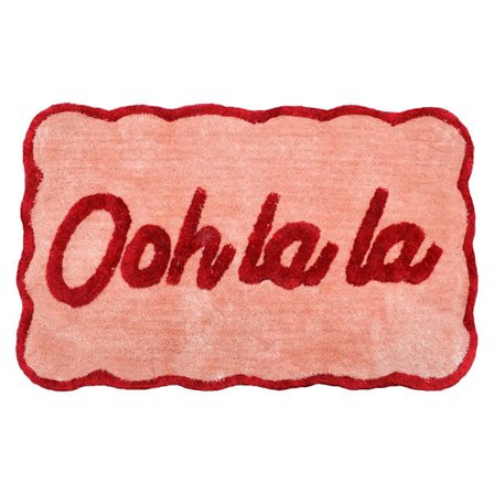 Ooh La La Slogan Kamskjell Badematte Sklisikker 50 x 80 cm – Supermyk, Absorberende og Hurtigtørkende Morsom Baderomsmatte med Kamskjellkant (Rød/Rosa