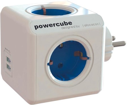 ALLOCACOC POWERCUBE Original 4-Way 2xUSB Blå 4 strømutganger, 2x usb porter, automatsikring, jordet, barnesikring