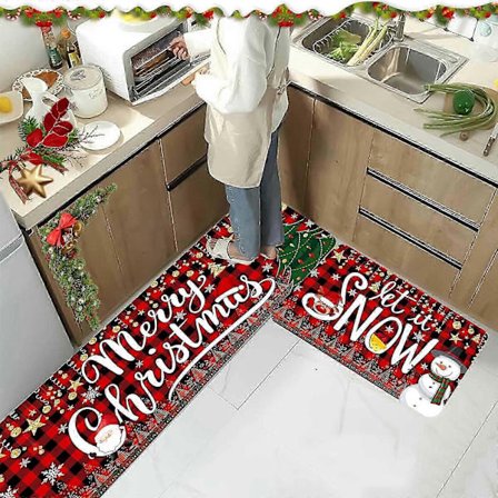 Jule-køkken- og badeværelsesgulvmåtte med rensdyr og juletræ - Fortykket, krystalfløjl, skridsikker og let at rengøre