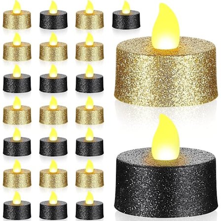 24 stk. guldglitter LED-telys sorte flammefri stearinlys flagermus