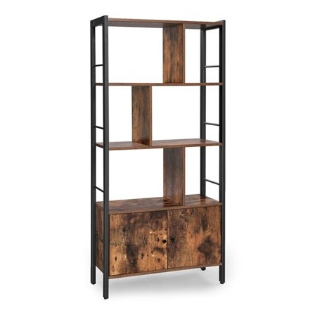 Rustikk Bokhylle med Oppbevaringsskap - Robust Stålramme, Justerbare Ben