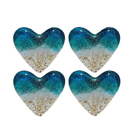 4x Glas Strand Lommehjerte, Lommehjerte Strandglas Token, Fused Glas Hjerte Lomme Token, Håndlavet