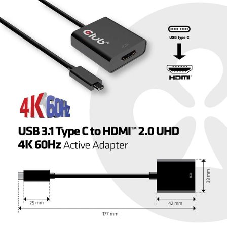 Club 3D USB 3.1 Type C to HDMI 2.0 UHD 4K Active Adapter - ekstern videoadapter