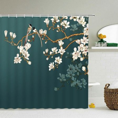 Duschdraperi Grön Mögelresistent Vattentätt Fågel Blomma Badrumsdraperi Med Krokar 180x180cm-stil 16 2025:e