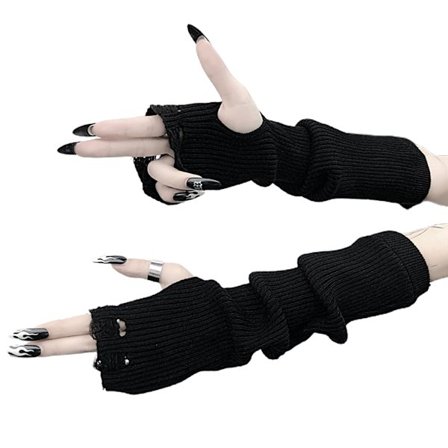 Kvinnor Gothic Punk Knit Black Fingerless Handskar Ripped Hole Vantar Arm Warmers