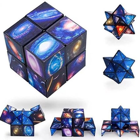 2-i-1 Infinity Cube med Stjernehimmel - Transformérbar Stressreducerende Cube til Angstlindring - Kreativ Gave til Voksne og Børn - Blå Magisk Cube