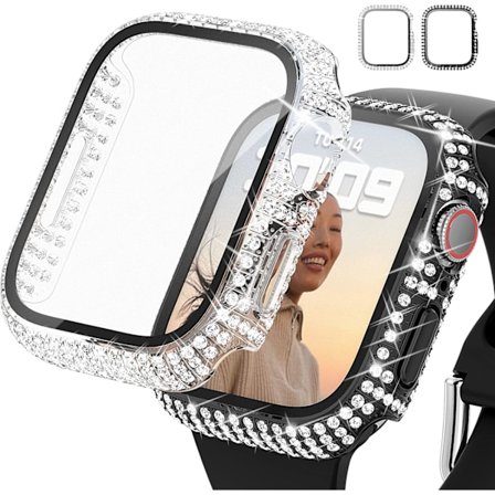 2-pack Bling-fodral till Apple Watch Series 7 45 mm med inbyggt skärmskydd i härdat glas, heltäckande Bling-fodral med kristalldiamanter till iWatch
