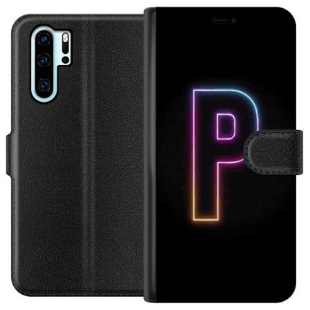 Yhteensopiva Lompakkokotelo Huawei Huawei P30 Pro Minimaalinen neonkirjain P värin asteittaisella muutoksella ja valotehosteella mustaa taustaa vaste