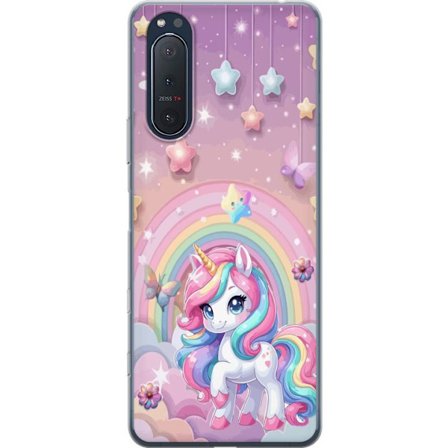 Kompatibelt Mobildeksel til Sony Xperia 5 II Magisk enhjørning med regnbue manke, stjerner og sommerfugler mot en pastellhimmel med skyer