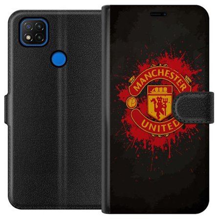 Kompatibelt Lommeboketui til Xiaomi Xiaomi Redmi 9C Manchester United logo i rød og gul farge med røff sportslig bakgrunn