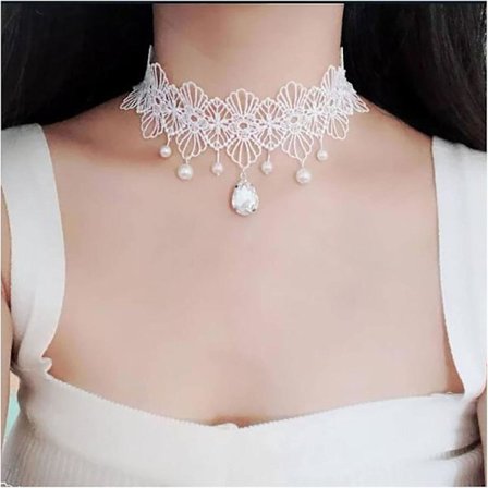 Dww-(Valkoinen pitsi) Boho kukkapitsi choker-kaulakoru Vintage pisarakristalliriipus kaulakoru goottilainen kaulakoru Pieni huutokaulakoru