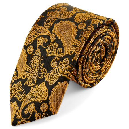 Złoto-brązowy jedwabny krawat we wzór paisley | 6 cm dla mężczyzn - Wąskie krawaty
