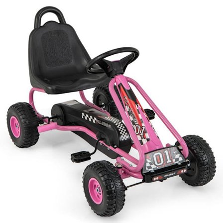 COSTWAY Pedal Kart justerbart sæde, rat og håndbremse til børn, til udendørs, drenge og piger 3-6 år 92x50x53CM Pink